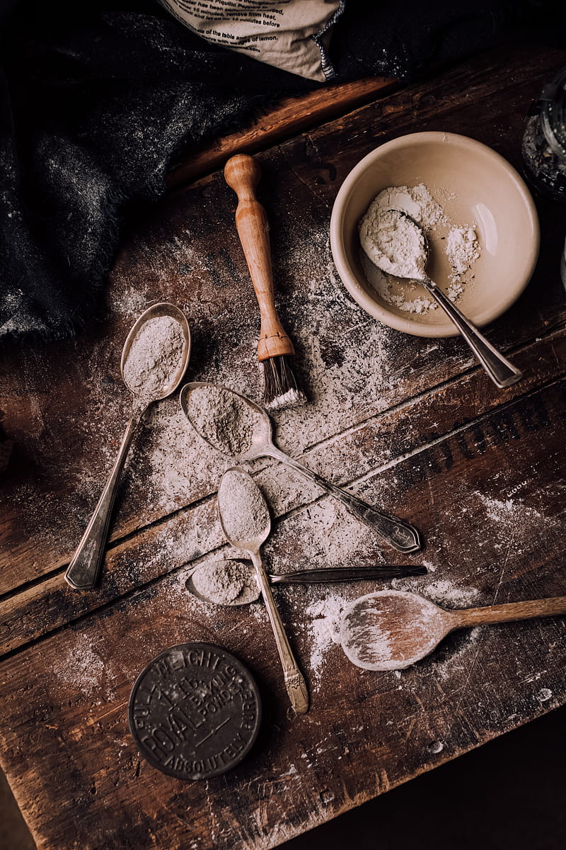 flour, spoons, wooden, surface, HD phone wallpaper