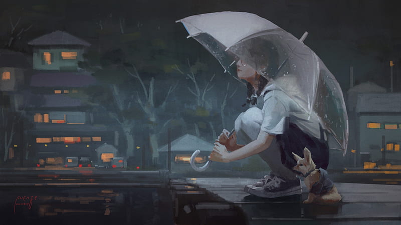 anime girl, transparent umbrella, raining, puppy, Anime, HD wallpaper