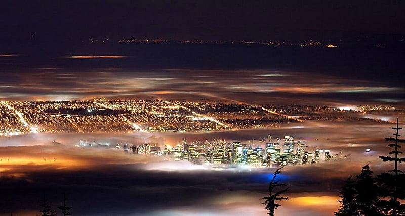 Vancouver Nite from Grouse Mt, grouse mountain, vancouver, sunset, scenery, fog, night, HD wallpaper