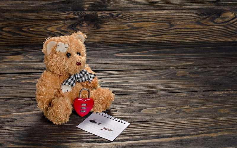 Love you, red, toy, valentine, card, kheart, cute, paper, white, teddy bear, wood, HD wallpaper