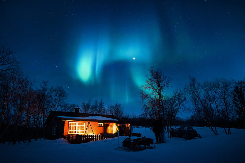 House Under Aurora Northern Lights, northern-lights, nature, aurora, HD wallpaper