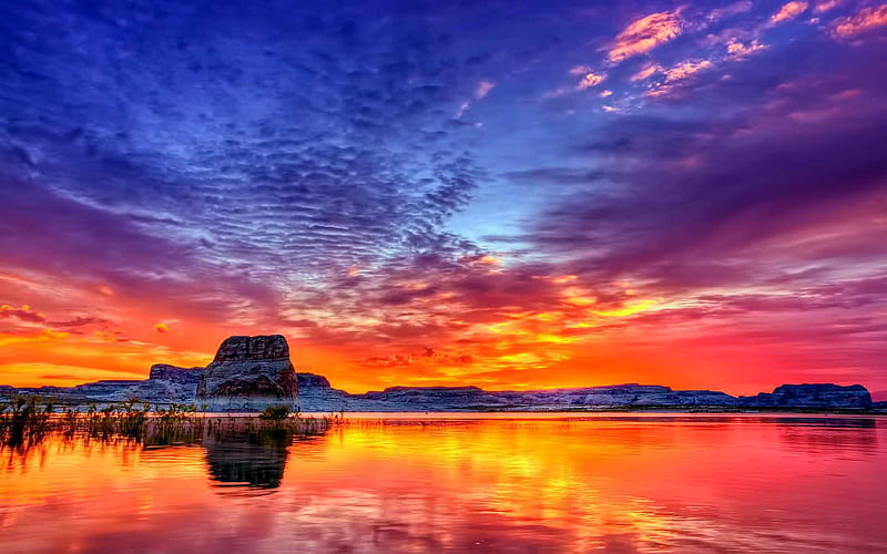 Sunset Reflection, mountain, beauty, sunset, reflection, ember, sky, lake, blue, HD wallpaper
