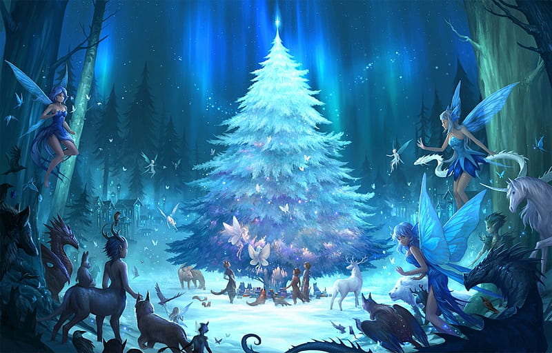 Cosfest Christmas, pretty, christmas tree, woods, bonito, magic, sweet, nice, fantasy, painting, beauty, scenery, fairy, art, forest, female, lovely, christmas, elf, abstract, tree, girl, scene, HD wallpaper