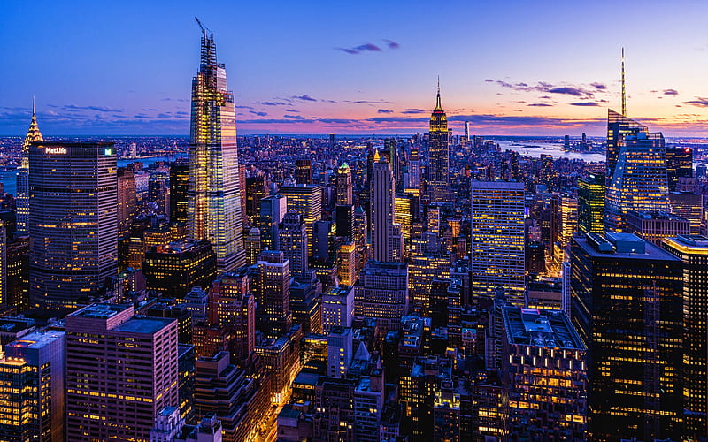 New York, Manhattan, evening, modern buildings, american cities, nightscapes, NYC, panorama, metropolis, skyscrapers, USA, Cities of New York, America, HD wallpaper