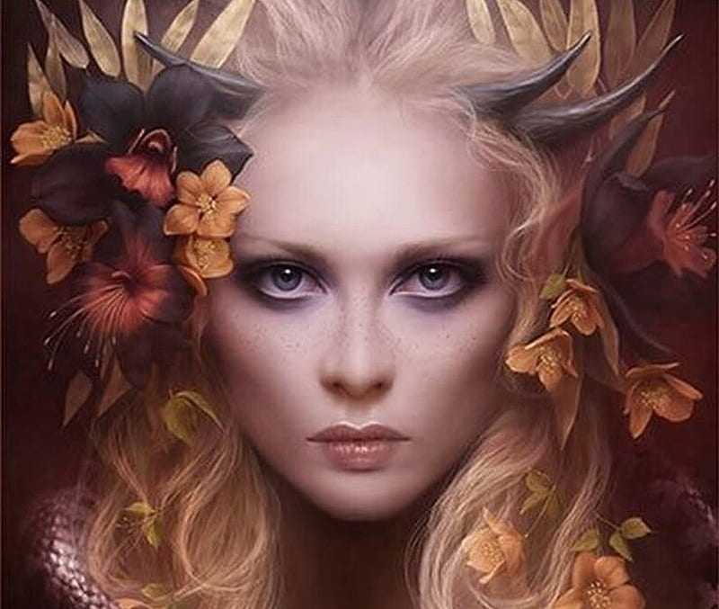 Demoness, art, autumn, luminos, blonde, melaniedelon, horns, leaf, melanie delon, demon, fantasy, girl, flower, face, HD wallpaper
