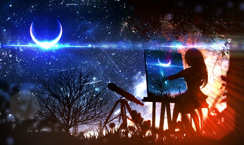 Anime, Original, Girl, Moon, Night, Painting, Stars, Telescope, HD wallpaper