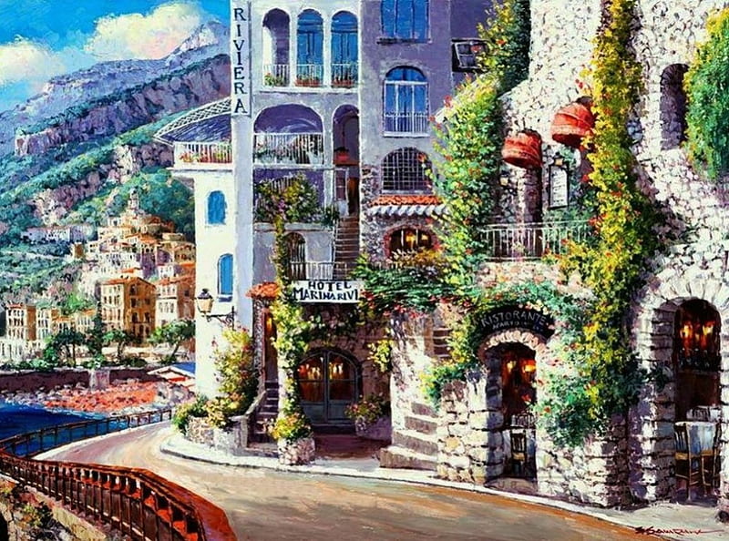 Amalfi, mediterranean, houses, painting, artwork, italy, HD wallpaper