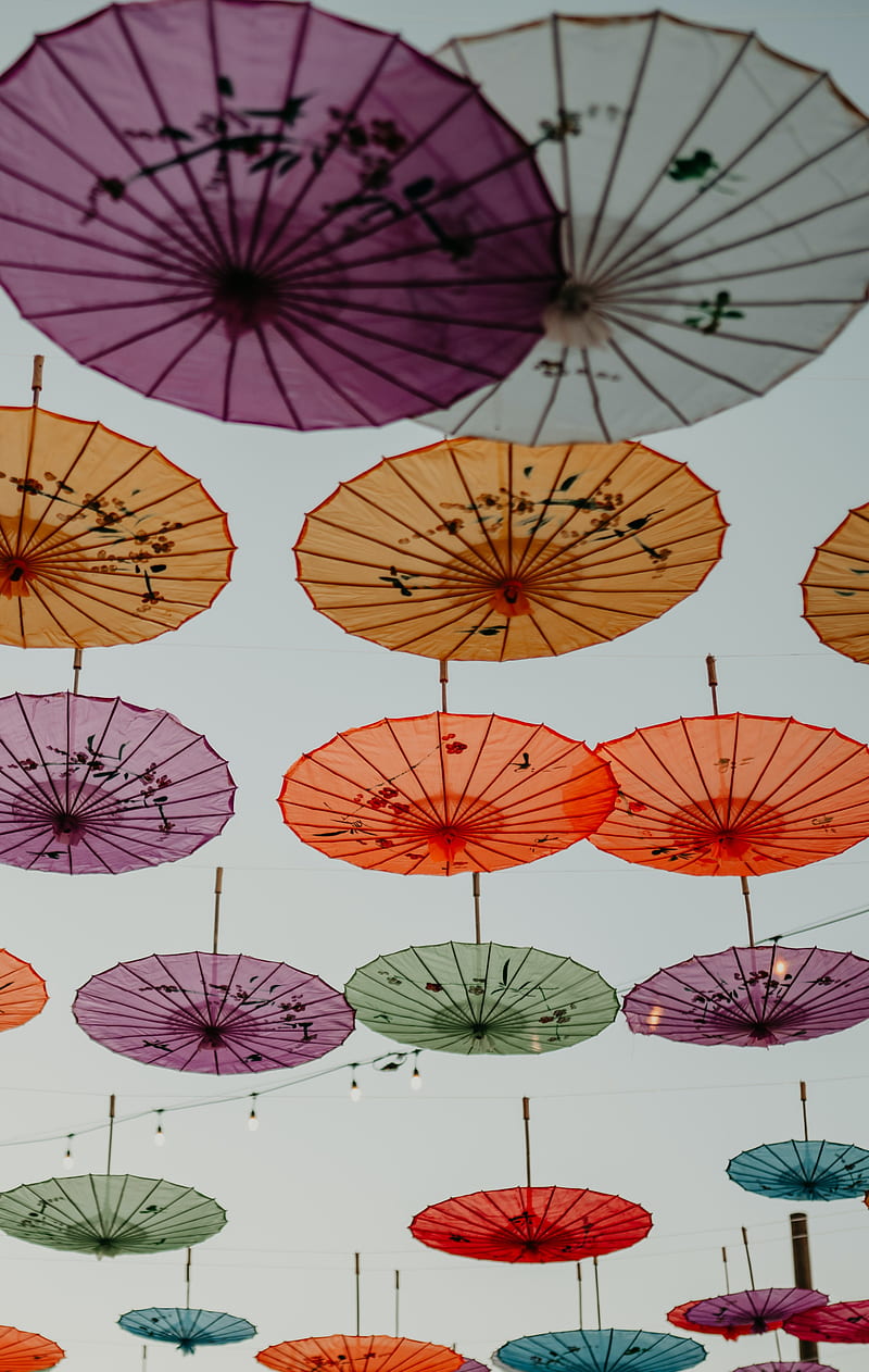 umbrellas, garlands, decoration, colorful, HD phone wallpaper
