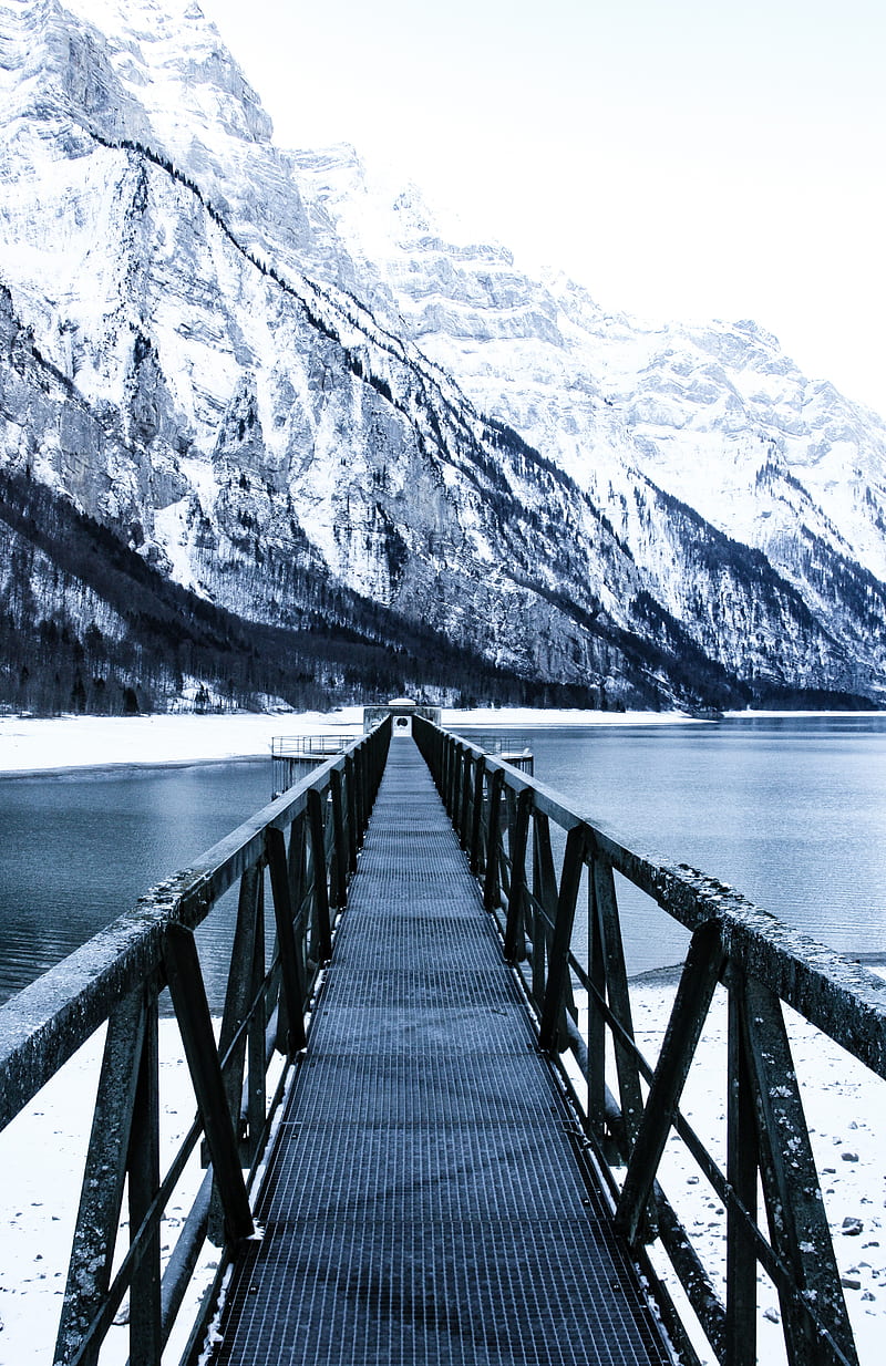 bridge, pier, snow, mountains, lake, HD phone wallpaper