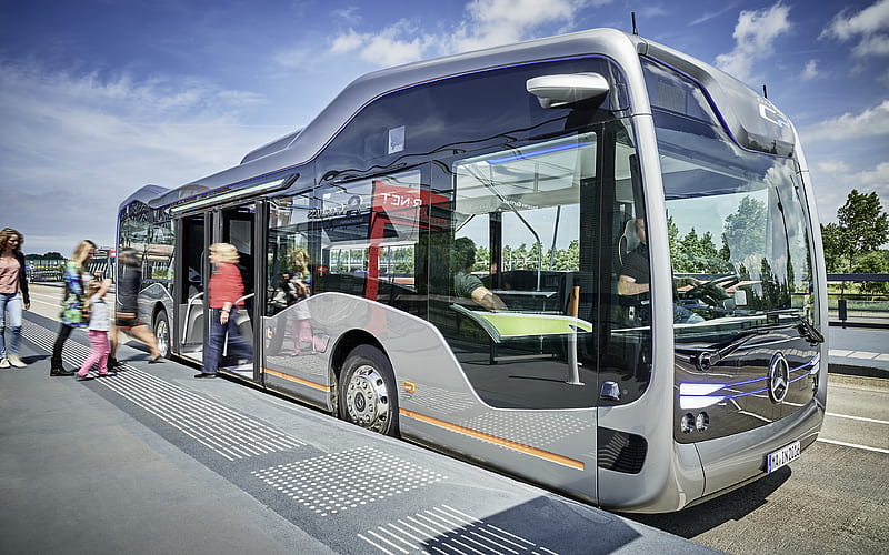 Mercedes-Benz Future Bus, street, 2018 buses, bus stop, passenger transport, Future Bus, Mercedes, HD wallpaper