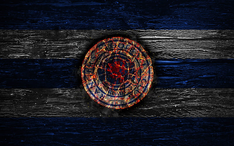 Rangers FC, fire logo, Scotland Premiership, blue and white lines, Scottish football club, grunge, football, soccer, Rangers logo, wooden texture, Scotland, HD wallpaper