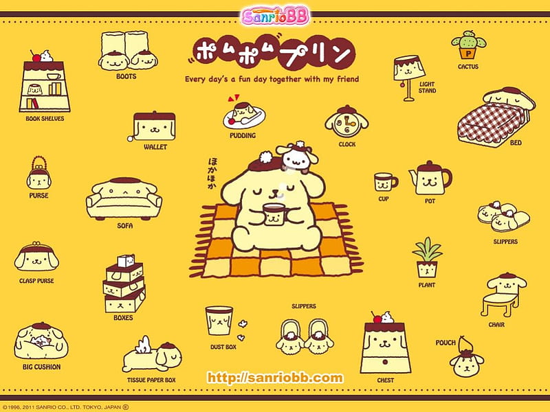 Pom Pom Purin, Cute, Yellow, kawaii, Dog, Orange, Furniture, Puppy, HD wallpaper