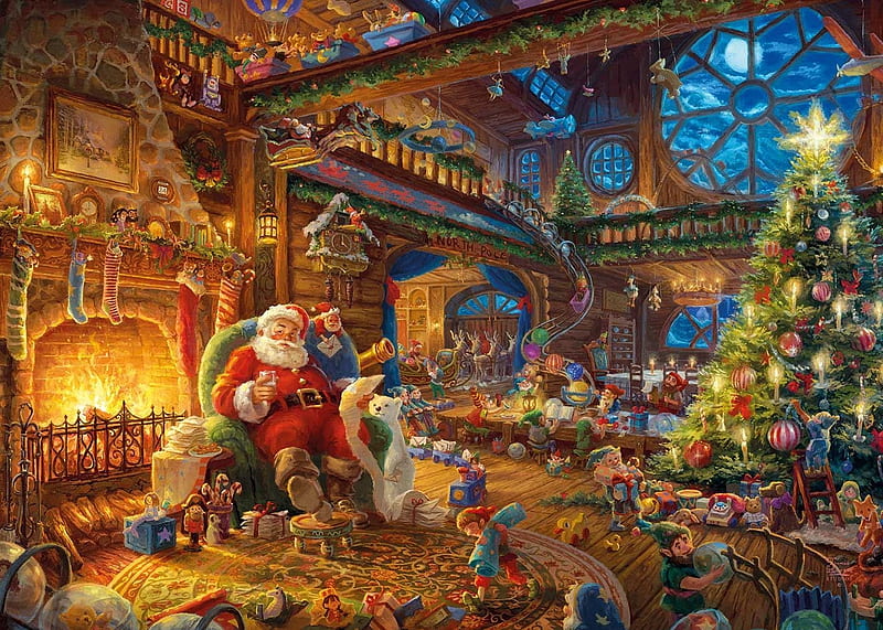 Santa, painting, man, pictura, thomas kinkade, art, christmas, craciun, elf, gnome, toy, dwarf, HD wallpaper
