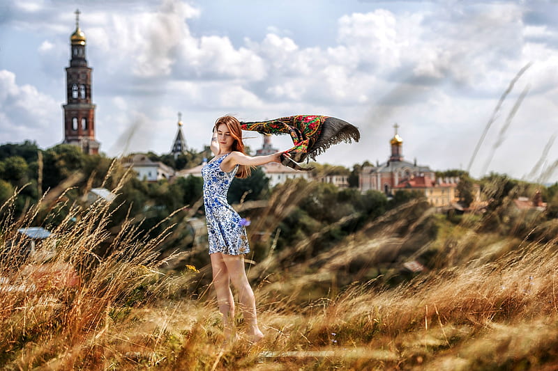 Yana Arbenina Enjoy a Breezy Fall Day, dress, redhead, model, outdoors, HD wallpaper