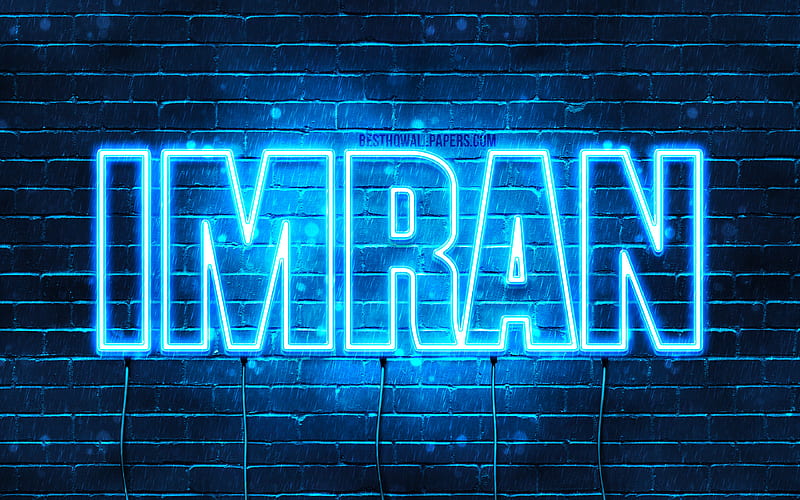 Imran with names, horizontal text, Imran name, Happy Birtay Imran, blue neon lights, with Imran name, HD wallpaper