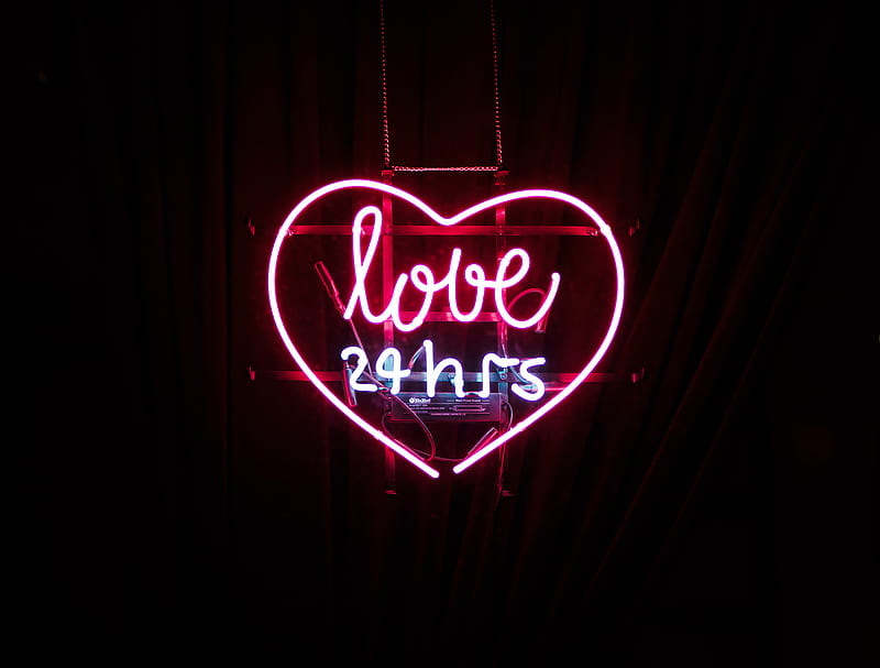 red Love 24 hours neon light sign, HD wallpaper