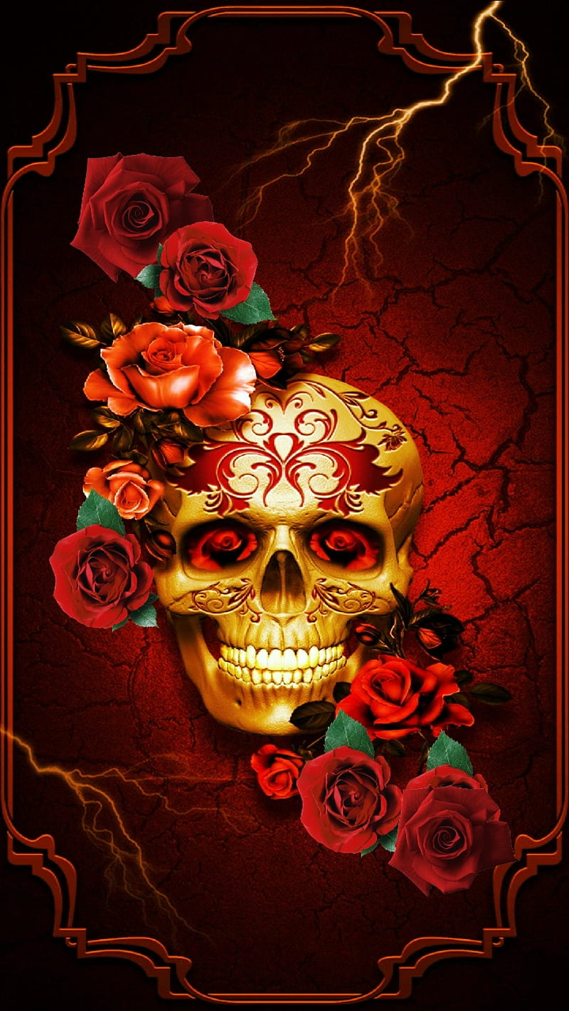 Devil Skull, deadmsugar, flames, red, roses, skull, HD phone wallpaper