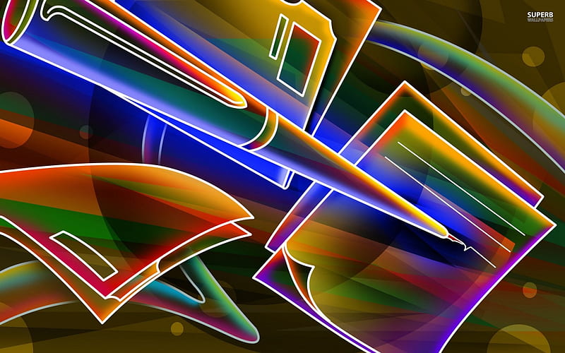 Neon outlines of paper and pencial, pencil, fractal, neon, color, paper, abstract, HD wallpaper