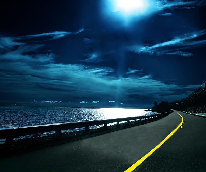 Night Road, nature, sea, HD wallpaper