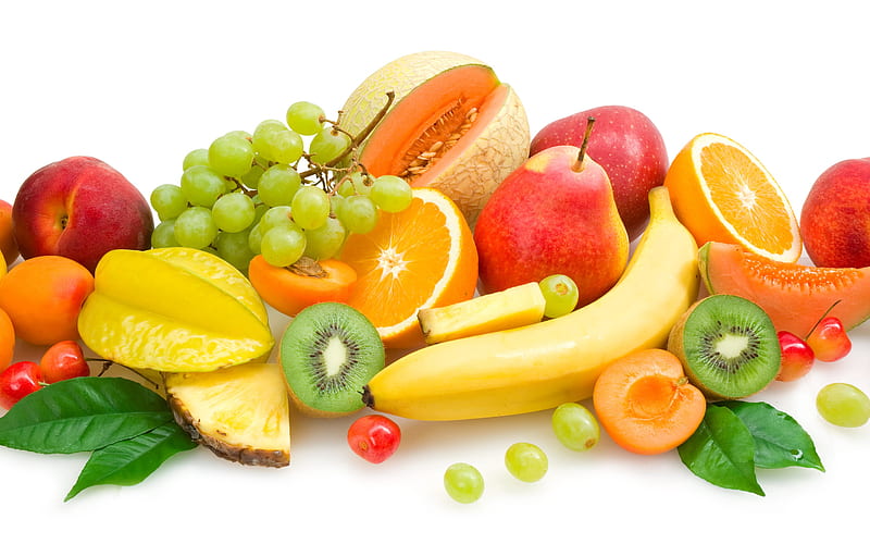Fruits, Fruit, Banana, Carambola, Grapes, Kiwi, Peach, Pear, Star Fruit, orange (Fruit), HD wallpaper