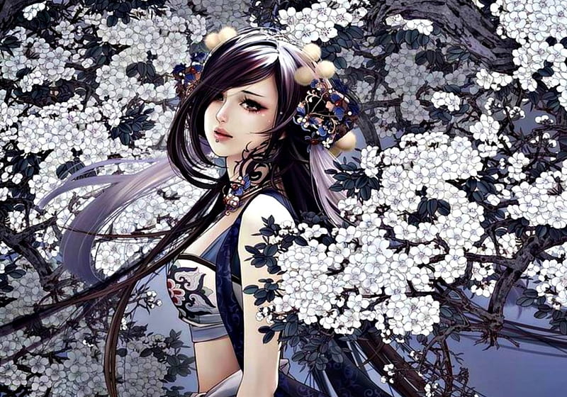 Beauty, art, jx online, manga, woman, geisha, fantasy, girl, anime, flower, zhang xiaobai, blooms, white, blue, HD wallpaper