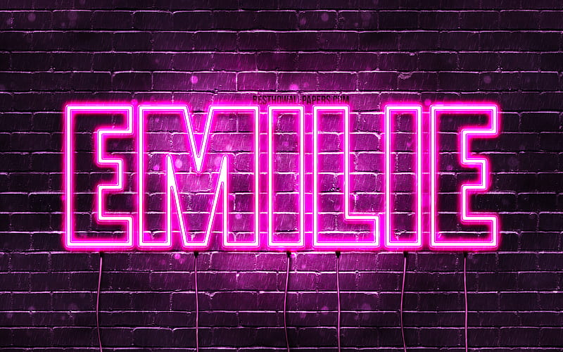Emilie with names, female names, Emilie name, purple neon lights, Happy Birtay Emilie, popular danish female names, with Emilie name, HD wallpaper