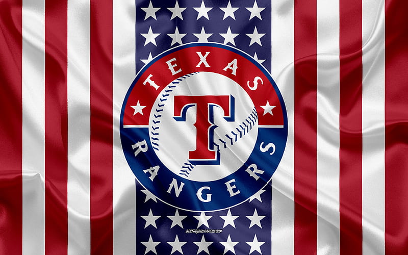 Texas Rangers logo, emblem, silk texture, American flag, American baseball club, MLB, Arlington, Texas, USA, Major League Baseball, baseball, silk flag, HD wallpaper