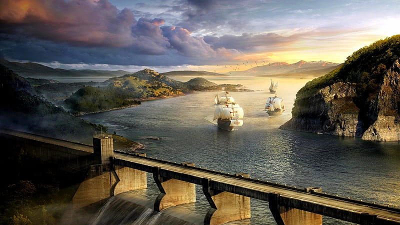 Maltese Flag, ships, fantasy, bridge, ocean, bay, tall ships, sea, HD wallpaper