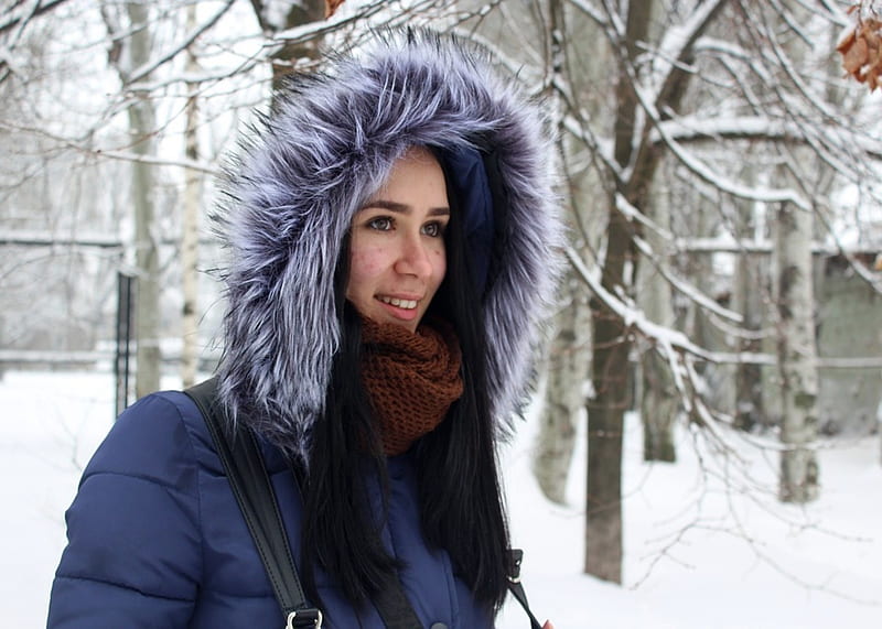 Winter Women, Trees, Brunette, Jacket, Faux fur, Snow, Woman, Hat, Winter, HD wallpaper