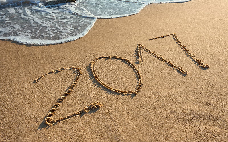 2017, New Year, beach, 2017 digits, sand, wave, sea, HD wallpaper