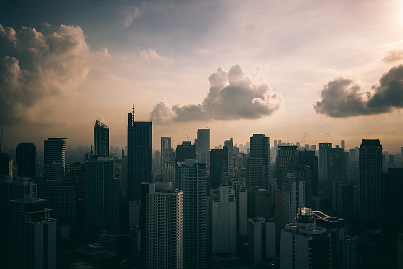 city, buildings, aerial view, skyscrapers, clouds, HD wallpaper