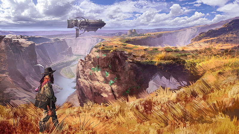 steampunk world, airship, wanderer, futuristic landscape, field, sci-fi Fantasy, HD wallpaper
