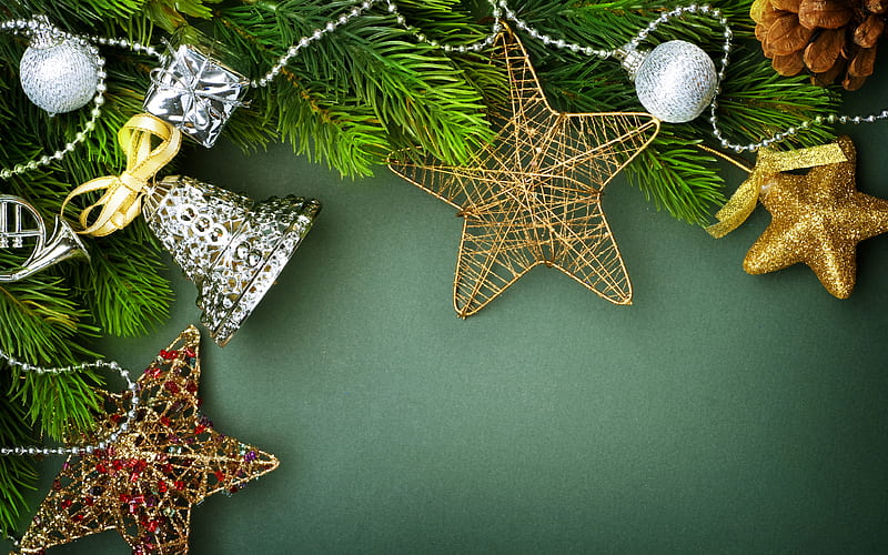Christmas frame green backgrounds, xmas bells, stars, Merry Christmas, new year decorations, Christmas decorations, Happy New Year, xmas decorations, christmas decorations, xmas frames, New Years concerts, HD wallpaper
