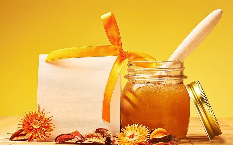 jar of honey, flower honey, honey concepts, orange silk bow, honey, HD wallpaper