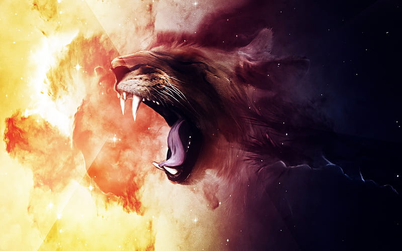 Roaring Lion, lion, creative, graphics, HD wallpaper