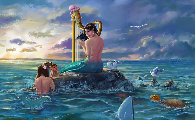 A Mermaid Song, art, mermaid, bonito, woman, sea, fantasy, girl, harp, digital, sirene, HD wallpaper