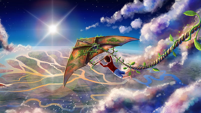 Journey, cloud, fantasy, boy, kite, luminos, sky, zyane, view from the top, HD wallpaper