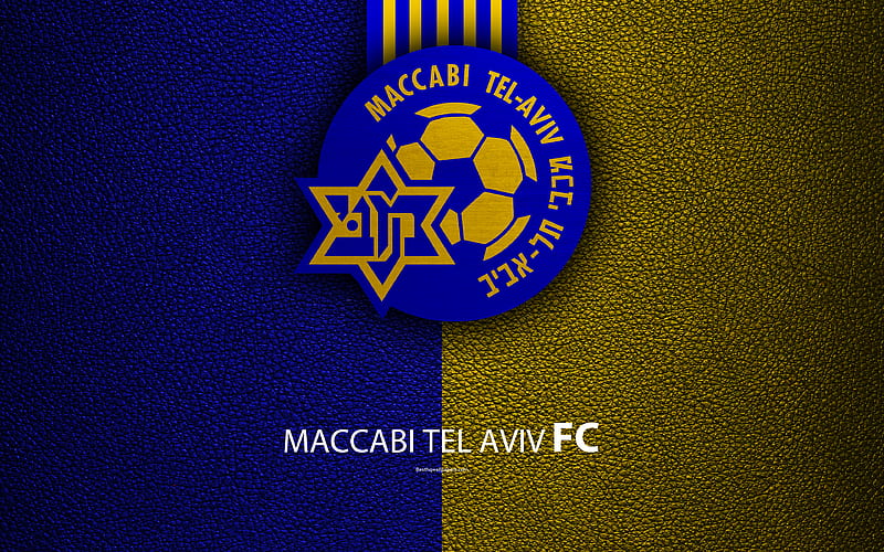 Maccabi Tel Aviv FC football, logo, emblem, leather texture, Israeli football club, Ligat HaAl, Tel Aviv, Israel, Israeli Premier League, HD wallpaper