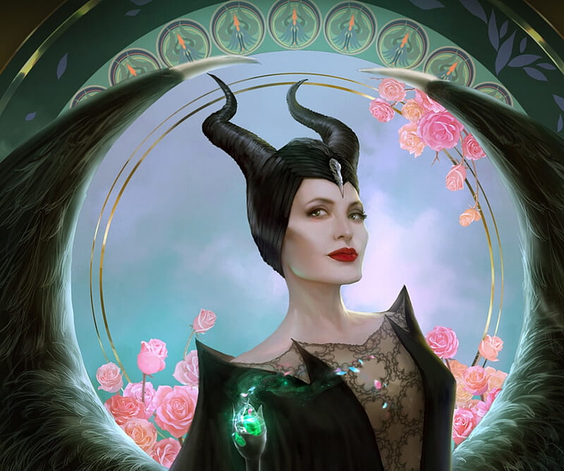 Maleficent, pink, disney, fairy, fanart, yankong bu, frumusete, luminos, black, fantasy, green, girl, HD wallpaper