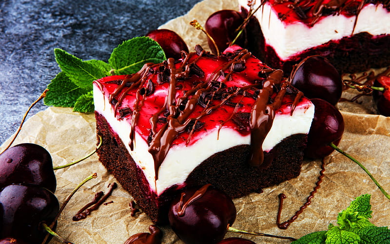 cherry cake, sweets, chocolate cake, fruit cakes, macro, cherry chocolate cake, pies, HD wallpaper