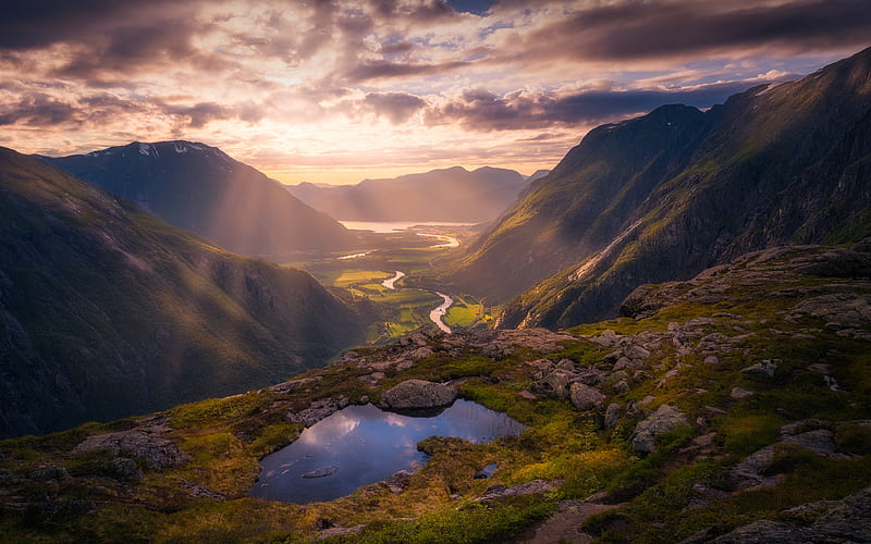 Norway, mountains, valley, river, sunset, HD wallpaper