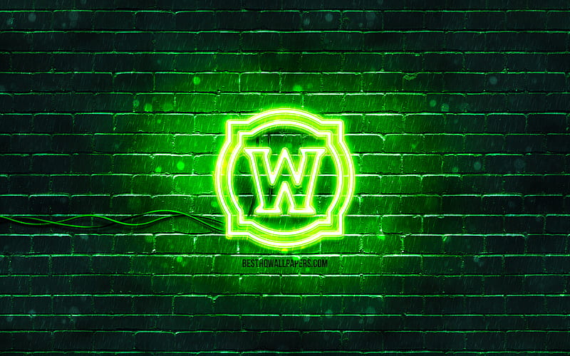 World of Warcraft green logo WoW, green brickwall, World of Warcraft logo, creative, World of Warcraft neon logo, WoW logo, World of Warcraft, HD wallpaper