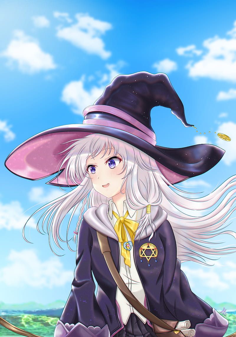 majo no tabitabi, elaina, witch hat, white hair, looking away, clouds, Anime, HD phone wallpaper