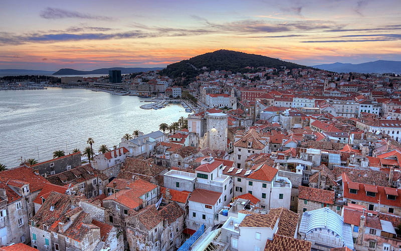 Split, evening, sunset, coast, Split cityscape, Croatia resorts, Adriatic Sea, Split panorama, Croatia, HD wallpaper
