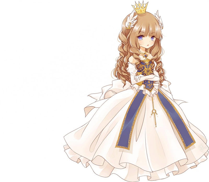 Chibi, pretty, dress, queen, bonito, adorable, sweet, nice, anime, royalty, highness, hot, beauty, anime girl, tiara, long hair, female, lovely, brown hair, gown, sexy, plain, cute, kawaii, girl, crown, simple, majesty, white, princess, HD wallpaper