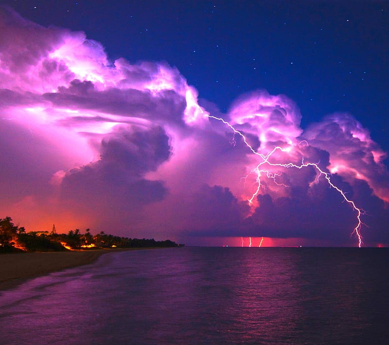 LIGHTING, cloud, coast, element, island, night, purple, sea, storm, HD wallpaper
