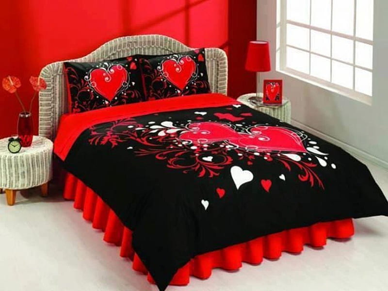 Beautiful Bedroom, red light, romance, red heart pillow, frame, bedside table, red vase, bonito, bedroom, red bedspread, nice, double bed, Window, love, red flowers, Valentines day, HD wallpaper