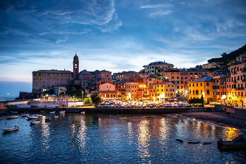 Cities, Genoa, Italy, Night, Sea, HD wallpaper