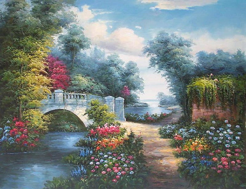 Bridge., tree, cloud, bridge, flower, path, river, sky, wall, HD wallpaper