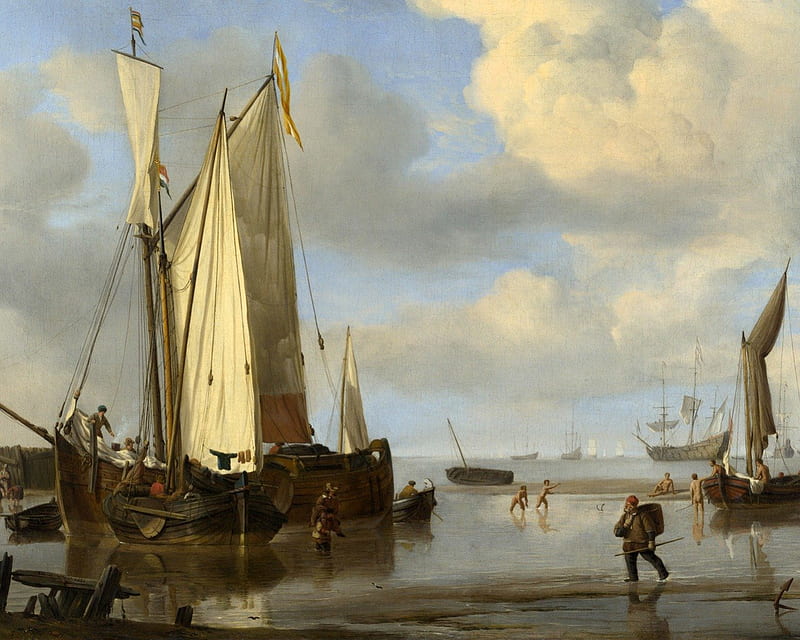 Willem Van De Velde - Dutch Vessels Inshore and Men Bathing, painting, seventeenth century, dutch, landscape, HD wallpaper